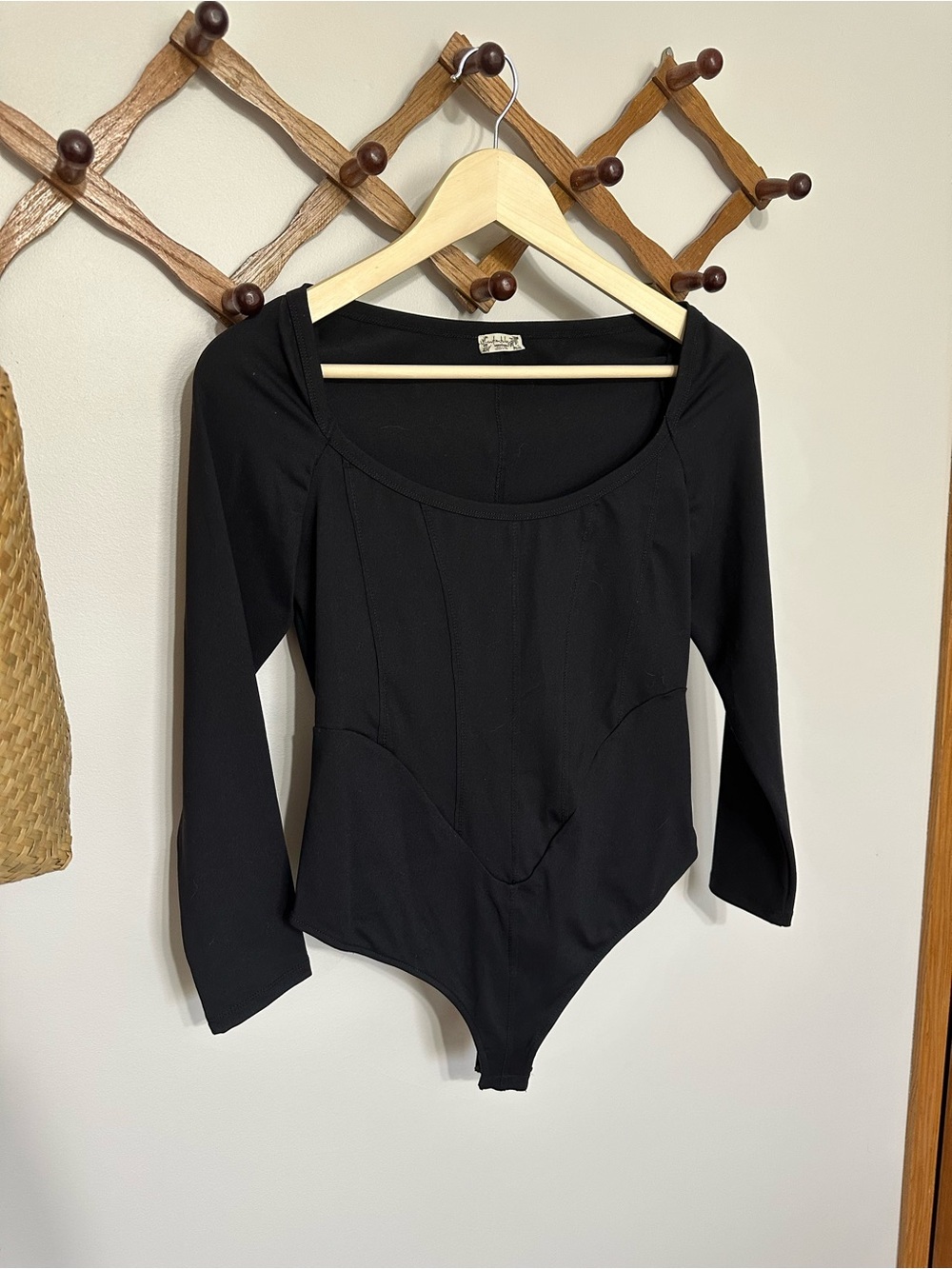 Free People Black Long-Sleeve Scoop Neck Corset Style Bodysuit